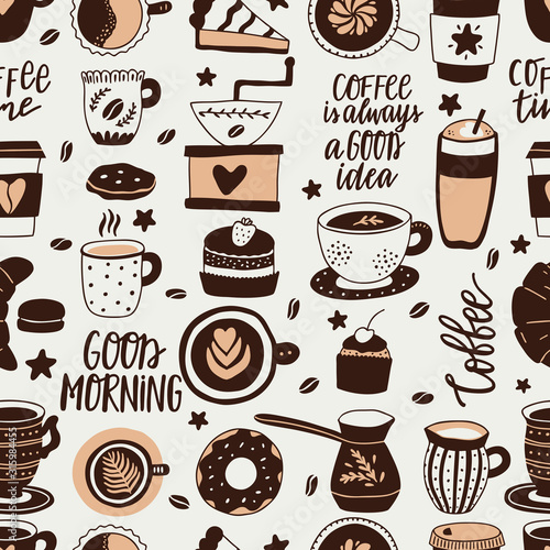 Seamless pattern of coffee. Background for restaurant or cafe menu, shop wrapping paper. Hand-drawn illustration.