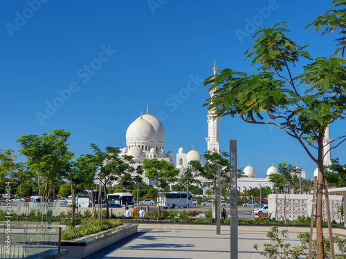 Abu Dhabi, UAE - November 2019: Sheikh Zayed Grand Mosque in Abu Dhabi, the largest mosque in the country. Open for tourists.