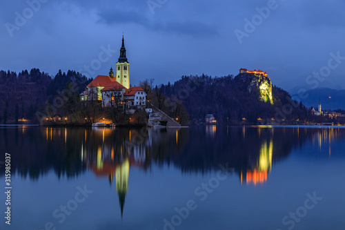 Bled island with the church after sunset, Slovenia  photo