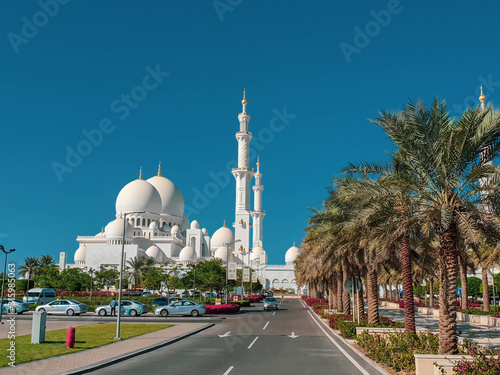 Abu Dhabi, UAE - November 2019: Sheikh Zayed Grand Mosque in Abu Dhabi, the largest mosque in the country. Open for tourists.