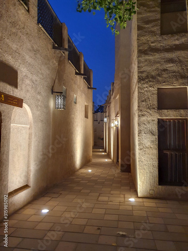 DUBAI, UAE - NOVEMBER 2019: beautiful illumination of Heritage village in Deira district at night.