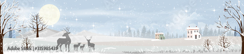 Winter night with snowdrifts, blizzard, firs and pine tree forest, Winter landscape scene of  reindeers family standing in forest with storm, windy and heavy snowfall with full moon background.