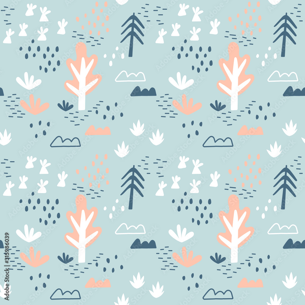 Seamless baby pattern with trees and other plants, Doodle elements. Hand drawn vector background. Pink, blue, cyan and white colors.