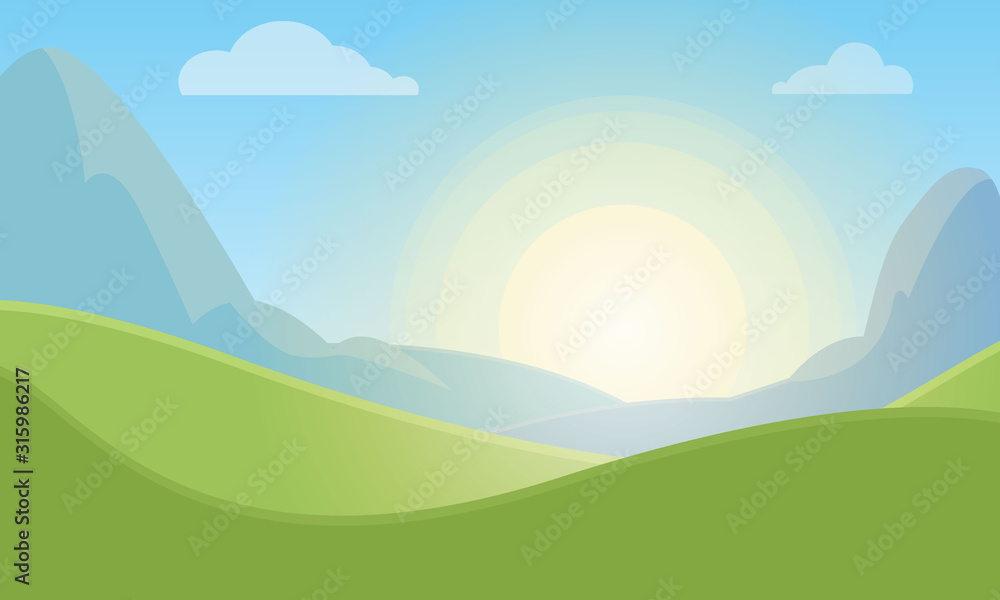 Nature landscape background with green meadow, sky and sun