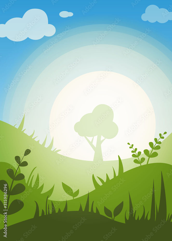 Nature summer landscape background with meadow, sky and sun. Vector design for template, cover, card