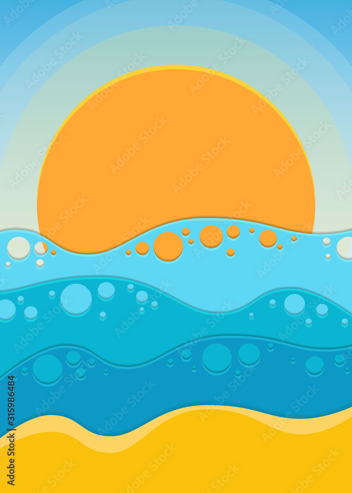 Summer vacation background with sea, sky, sun and sand. Design for template, cover, card Summer vacation background with sea, sky, sun and sand. Design for template, cover, card