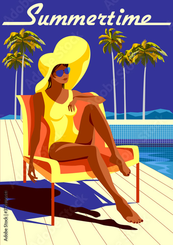 Young woman sunbathing on the pool edge.