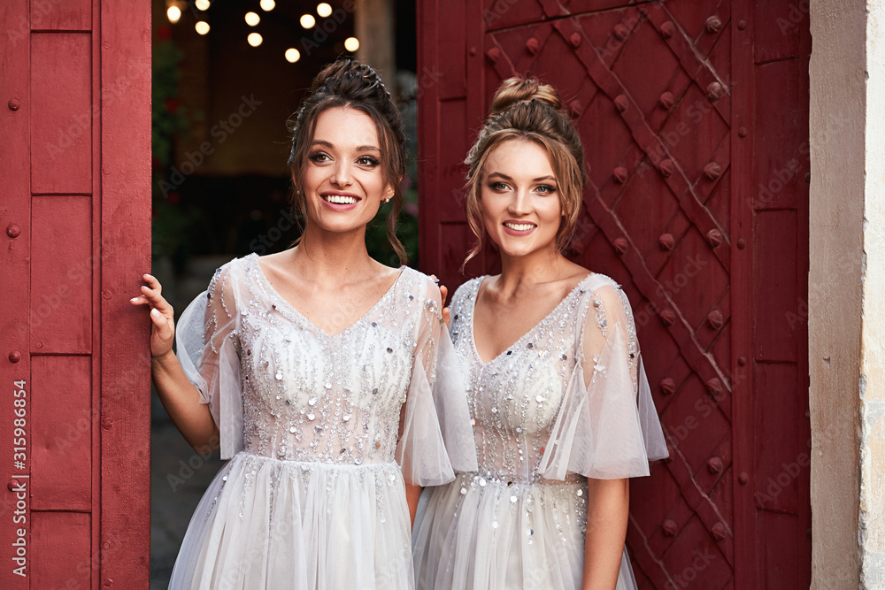 Beautiful retro styled bridesmaids ladies in gorgeous elegant stylish light grey silver floor length dresses in old beautiful European city welcome greeting guests at the gate.