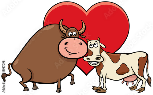 valentine card with cow and bull characters in love
