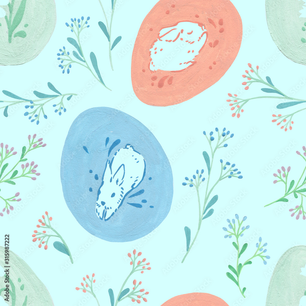 Easter eggs seamless pattern. Mint Easter banner background. Paschal bunny. Holidays herbal decoration. Easter celebration blush flowers. Gift wrap wallpaper. Blossom spring decorative floral art.