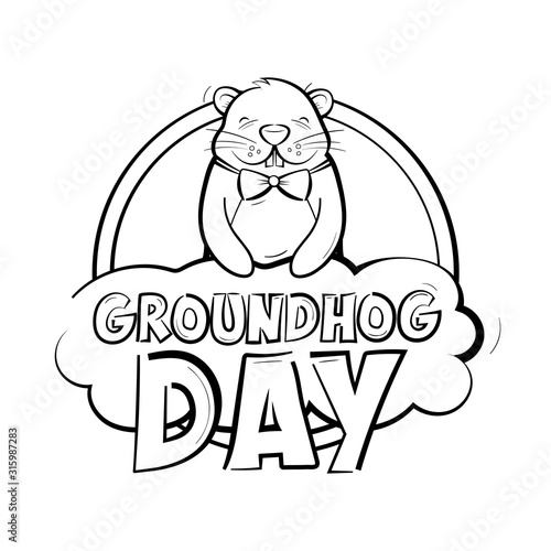 Groundhog day logo. A happy rodent holds a cloud with an inscription. American holiday. Vector illustration isolated on a white background.