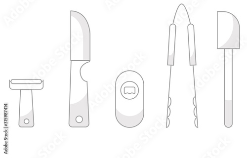 Vector illustration of the kitchen cooking tools and appliances. Knife, cooking tweezer, bottle opener, peeler, spatula. Each element is isolated on a white background