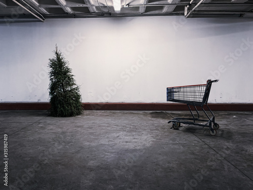 Carrito de super mercado junto al último árbol de navidad