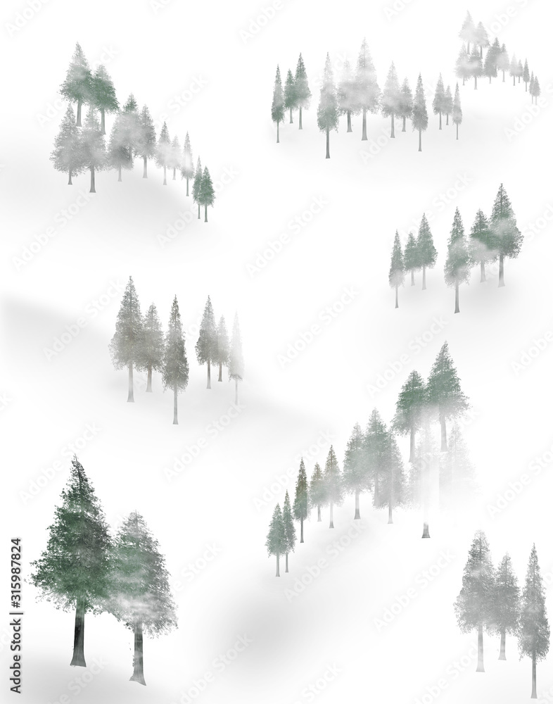 Trees mingle with fog on a snow covered mountain side in this illustration. Trees mingle with fog on a snow covered mountain side in this illustration.