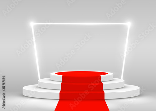 Stage Podium Scene for Award Ceremony illuminated with spotlight and red carpet. Award ceremony concept. Stage backdrop.