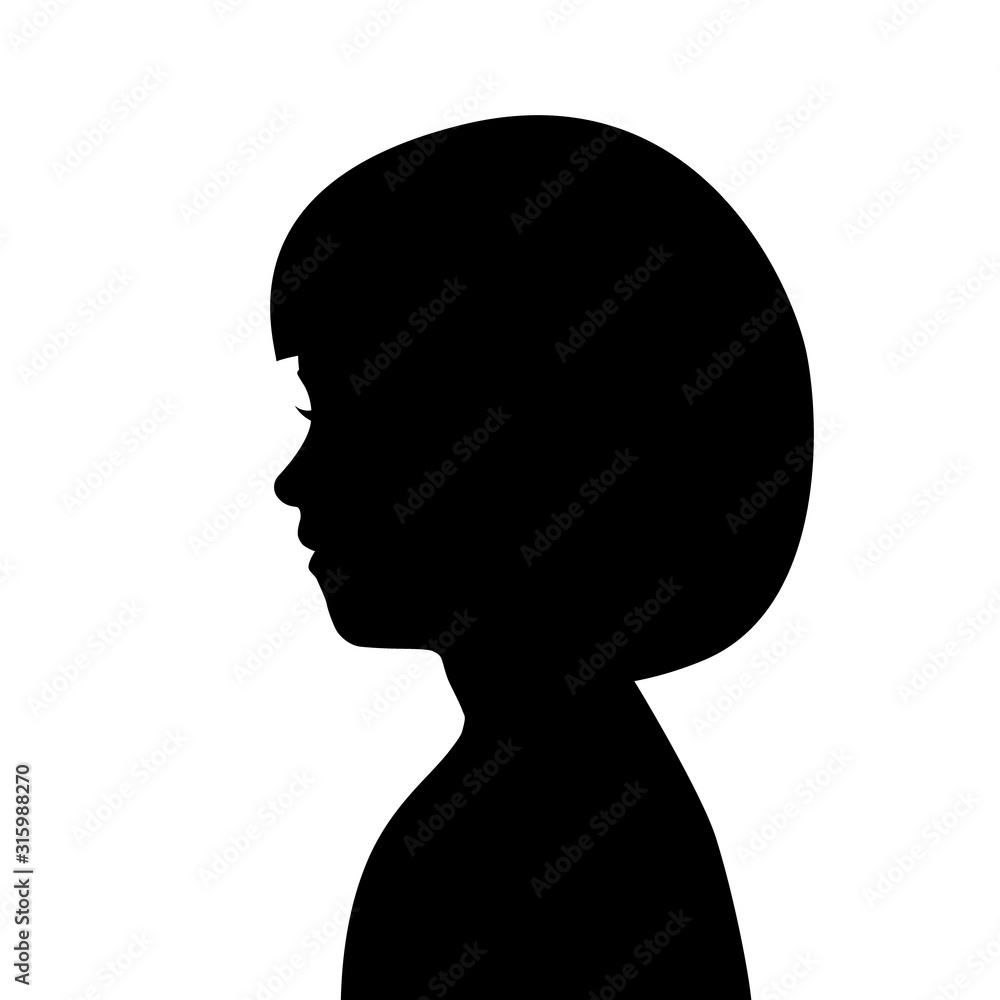 Black silhouette of female head. Profile of young girl. Black head contour isolated on white background. Woman with straight hair and bangs. Avatar, icon for anonymous social survey, questionnaire