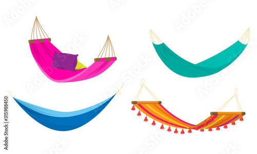 Set of four various colorful rope hammocks. Vector set illustration in flat cartoon style.