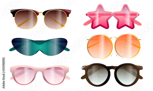 Collection set of various colorful sunglasses. Vector illustration in flat cartoon style.