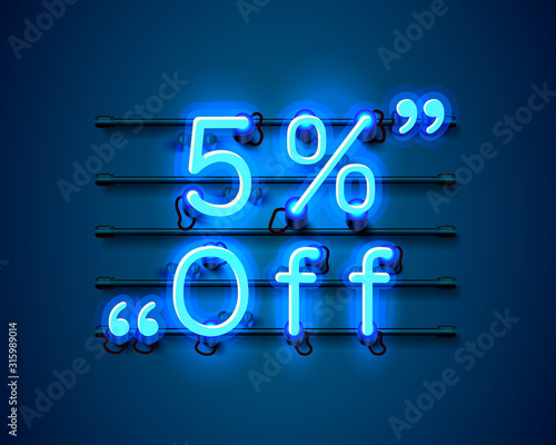 Neon frame 5 off text banner. Night Sign board.