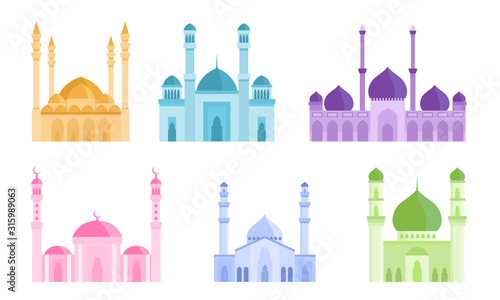 Set of colorful mosque Islamic holiest worship buildings. Vector illustration in flat cartoon style.