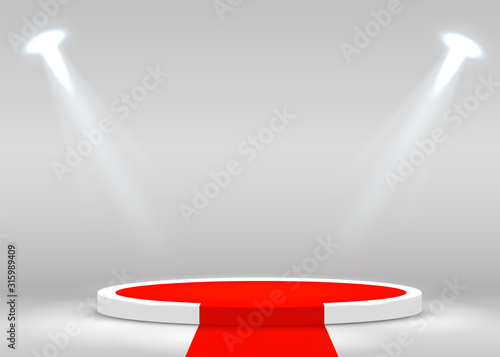 Stage Podium Scene for Award Ceremony illuminated with spotlight and red carpet. Award ceremony concept. Stage backdrop.