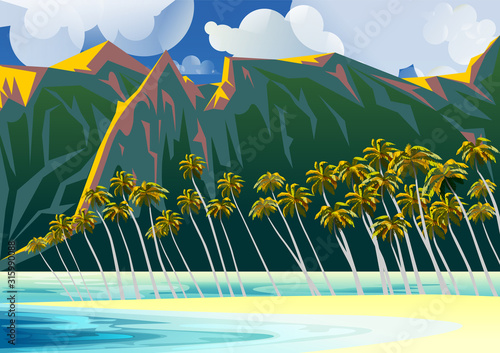 Tropical Beach Landscape with Lagoon, palm trees and mountains in the background.