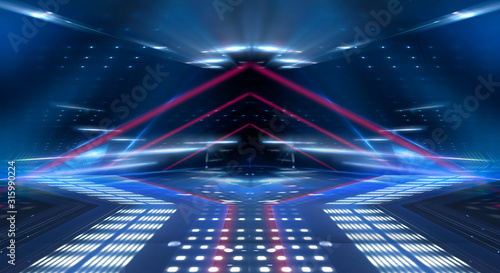 Dark abstract futuristic neon blue background. Neon lines glow. Neon lines  shapes. Multi-colored glow  blurry lights. Empty stage background.