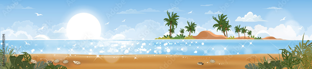 Panorama view Tropical seascape of blue ocean and coconut palm tree on island, Panoramic Sea beach and sand with blue sky,Vector illustration flat style nature of landscape seaside for Summer holiday