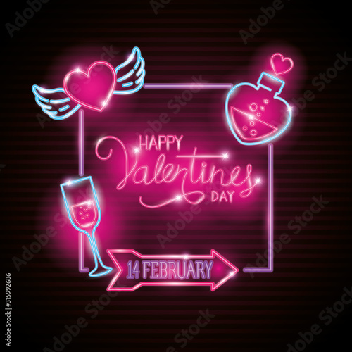 happy valentines day label in neon light, icons valentine day vector illustration design