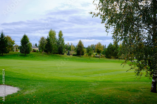 View of the golf course with green lawn trees and ornamental shrubs. Golf course, beautiful scenery.