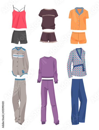 Set of beautiful pajamas for women, different models, warm and lightweight, isolated on white background.
