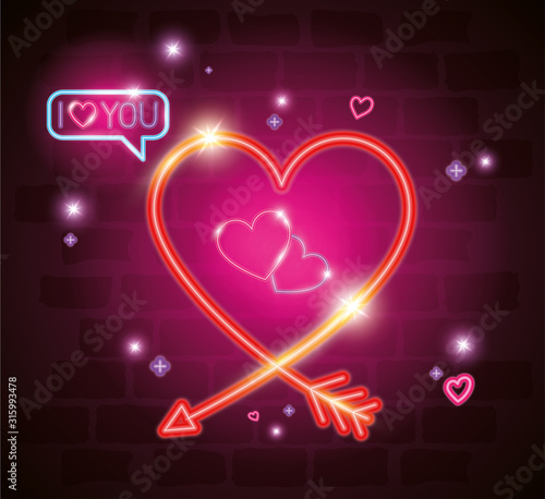 heart with i love you lettering in neon light, valentine day vector illustration design