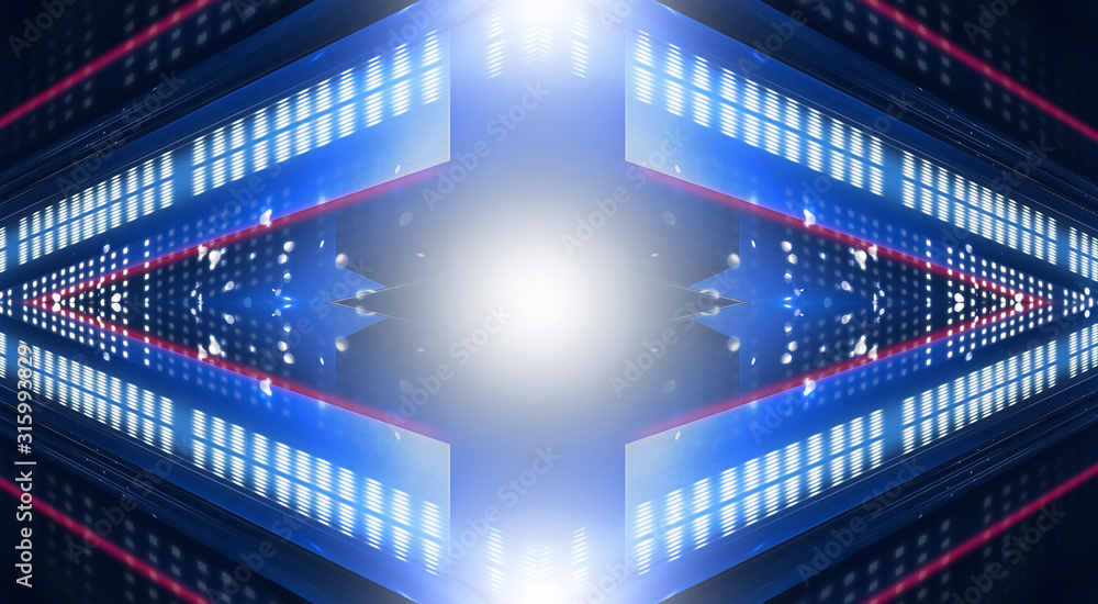 Fototapeta premium Dark abstract futuristic neon blue background. Neon lines glow. Neon lines, shapes. Empty stage background.