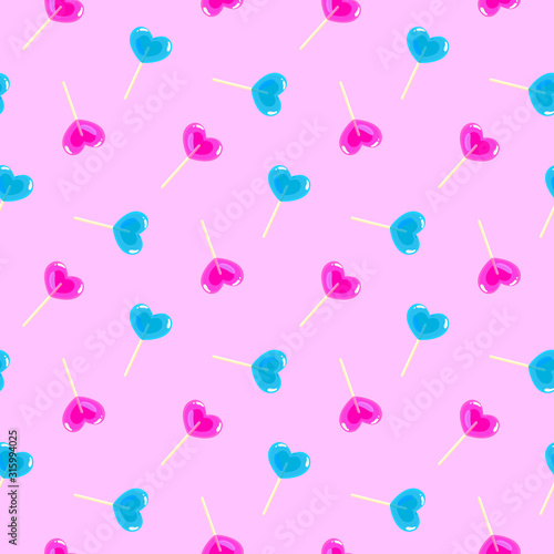 Valentines day pattern with heart shape sweet lollipop sticks