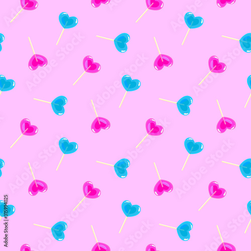 Valentines day pattern with heart shape sweet lollipop sticks