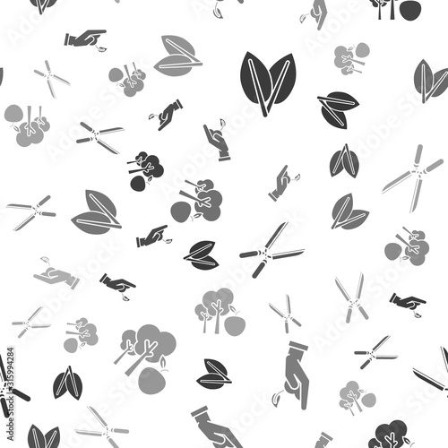 Set Leafs, Sprout in hand of environmental protection, Gardening handmade scissors for trimming and Tree with apple on seamless pattern. Vector