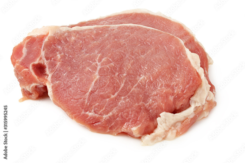 Sliced raw pork meat isolated on white background. top view