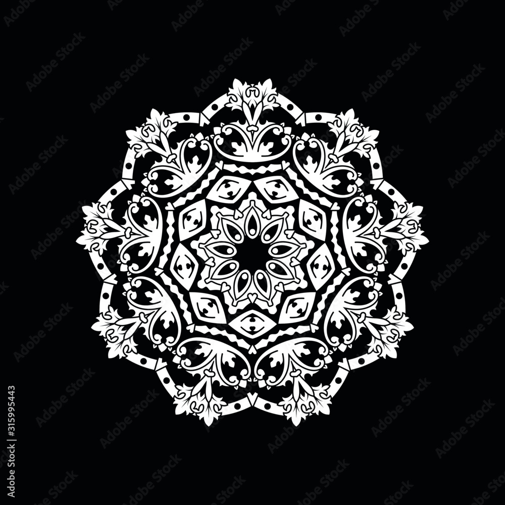 Abstract traditional mandala art design vector illustration. Vector hand drawn black & white mandala motif design. Ornamental floral mandala art design element.