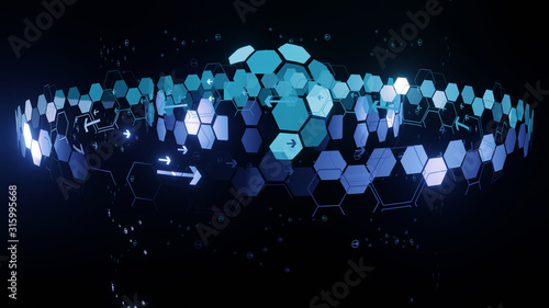 Fototapeta Naklejka Na Ścianę i Meble -  Circle glow blue background of hexagon pattern showing technology and development with shallow death of field