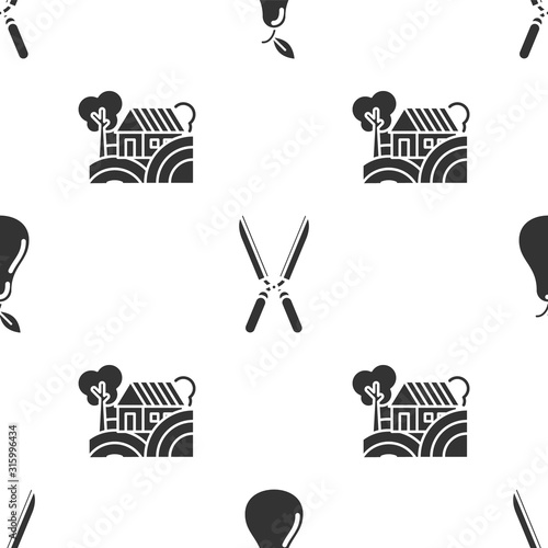 Set Pear, Gardening handmade scissors for trimming and Farm House concept on seamless pattern. Vector