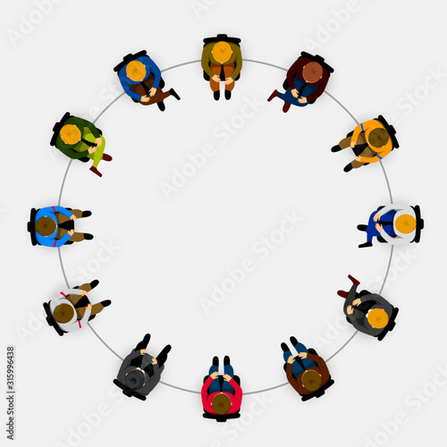 People sitting in a circle on white background.