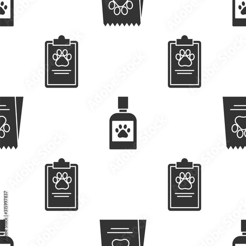 Set Bag of food for dog, Dog medicine bottle and Clipboard with medical clinical record pet on seamless pattern. Vector