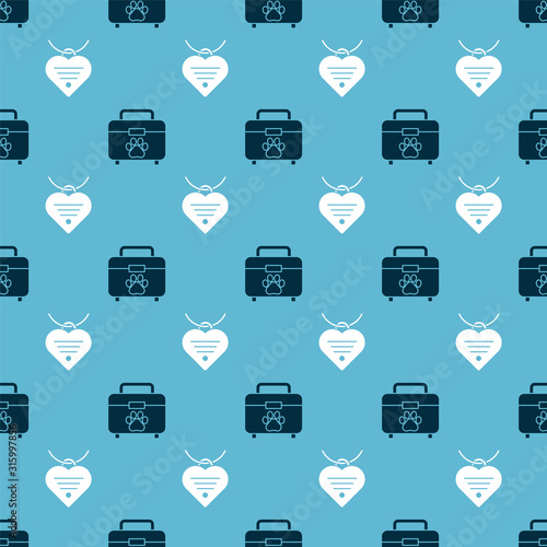 Set Pet first aid kit and Collar with name tag and heart on seamless pattern. Vector