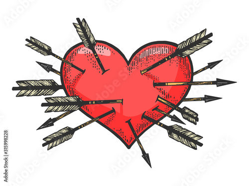 Heart symbol pierced with many arrows sketch engraving vector illustration. Romantic love lovesickness symbol. T-shirt apparel print design. Scratch board imitation. Black and white hand drawn image.