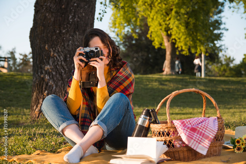 Wallpaper Mural Beautiful smiling woman having weekend picnic Torontodigital.ca