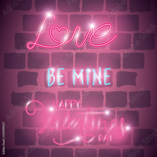 happy valentines day label in neon light, icons valentine day vector illustration design