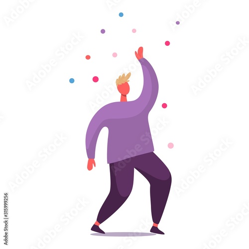 Student jumping flat vector illustration. Excited, smiling young man, office worker, cartoon character. Friend celebrating success design element.