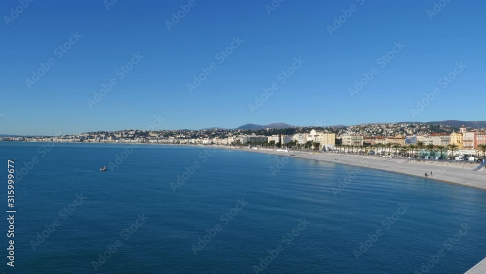 Stunning seascape on sunny day. Nice Bay, France. Static, pan left Stunning seascape on sunny day. Nice Bay, France. Static, pan left