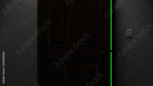 Wood door opening to green screen. 3d cgi 4K UHD 60 fps animation