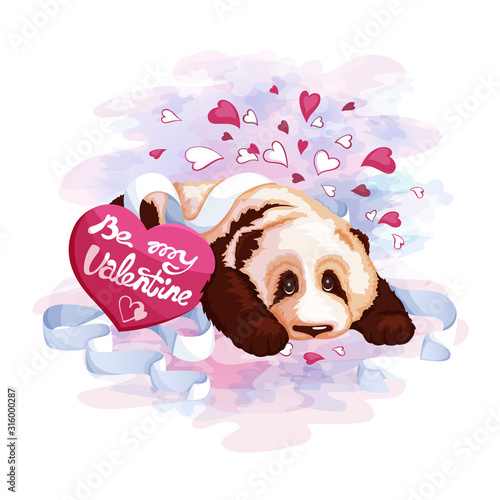Cute panda and postcard heart. Valentine's Day.
